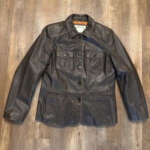 Orvis Brown Leather Jacket Womens Medium Quilted Lining Barn Field Coat